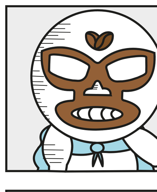 Cachito the luchador with an iced coffee